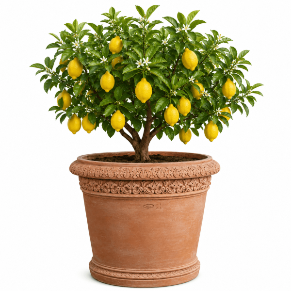 Großer und massiver Blumentopf aus Impruneta Terracotta – schlichte Eleganz mit floraler Reliefborte